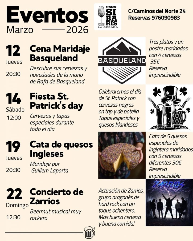 Agenda de eventos de Homosibaris La Cebada para marzo 2026